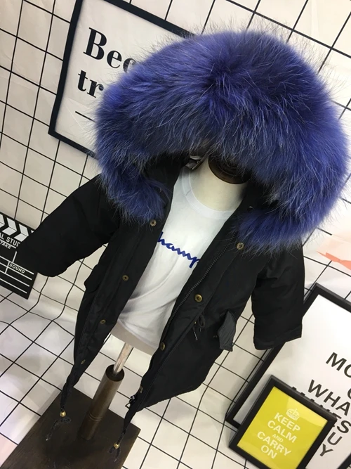 Black Dark Blue Детская куртка-пуховик на утином пуху до 30 градусов зимнее пальто для мальчиков и девочек куртка с капюшоном из меха енота верхняя одежда для девочек, пуховая парка От 4 до 12 лет, TZ430 - Цвет: Black Dark Blue