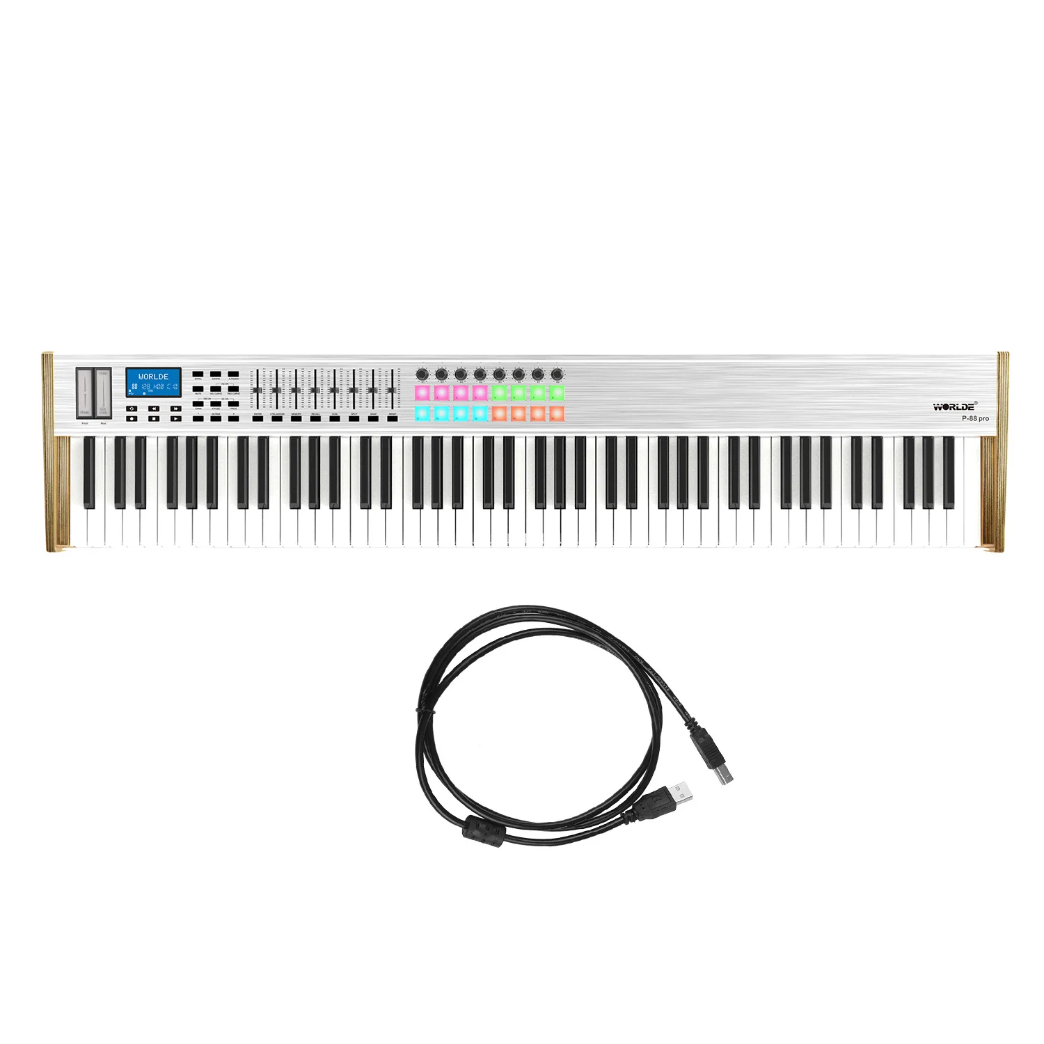 

WORLDE P-88 Pro 88-Key USB MIDI Keyboard Controller with 88 Semi-weighted Keys 16 RGB Backlit Trigger Pads 8 Assignable Sliders
