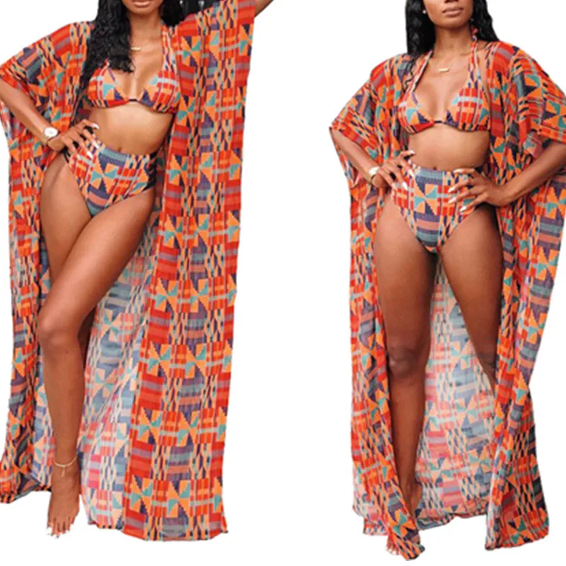 

Geometric Push Up Bikini Set Summer 3Pcs/Set Swimsuit Women Sexy High Waist Bathing Suit with Cover Up Colorful Cover Up 2021
