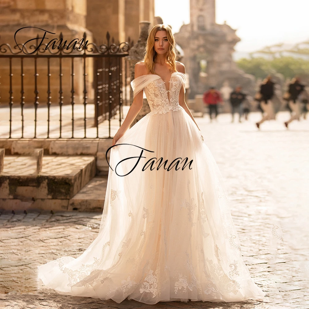 

New Sexy Deep V-Neck Cap Sleeve Wedding Dress Tulle A-Line Lace Appliques Backless Bridal Gown robe de soirée de mariage платье