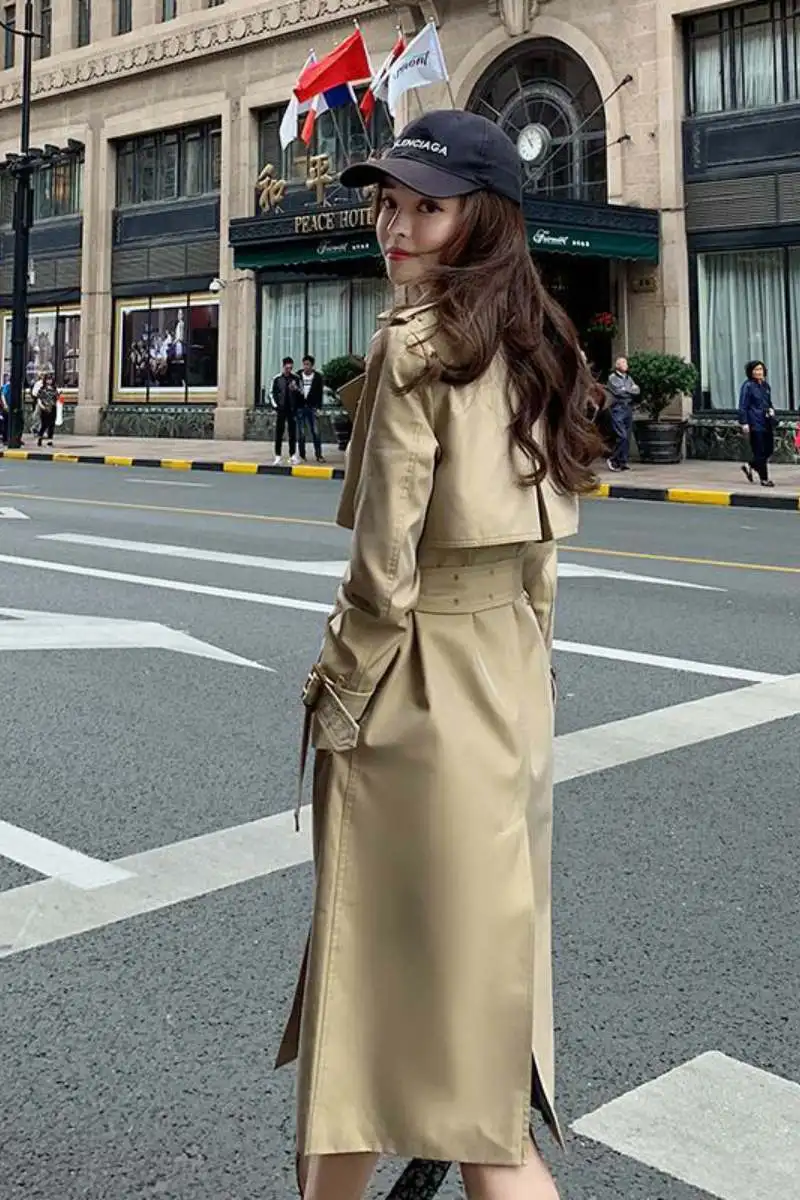 

High-end ladies autumn mid-length slim-fitting windbreaker double-breasted with belt lapel khaki coat