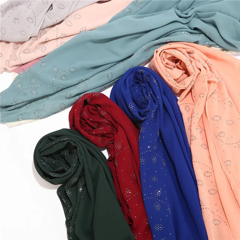 

NEW women rhinestone chiffon solid color muslim head scarf shawls and wraps pashmina bandana female foulard hijab stores