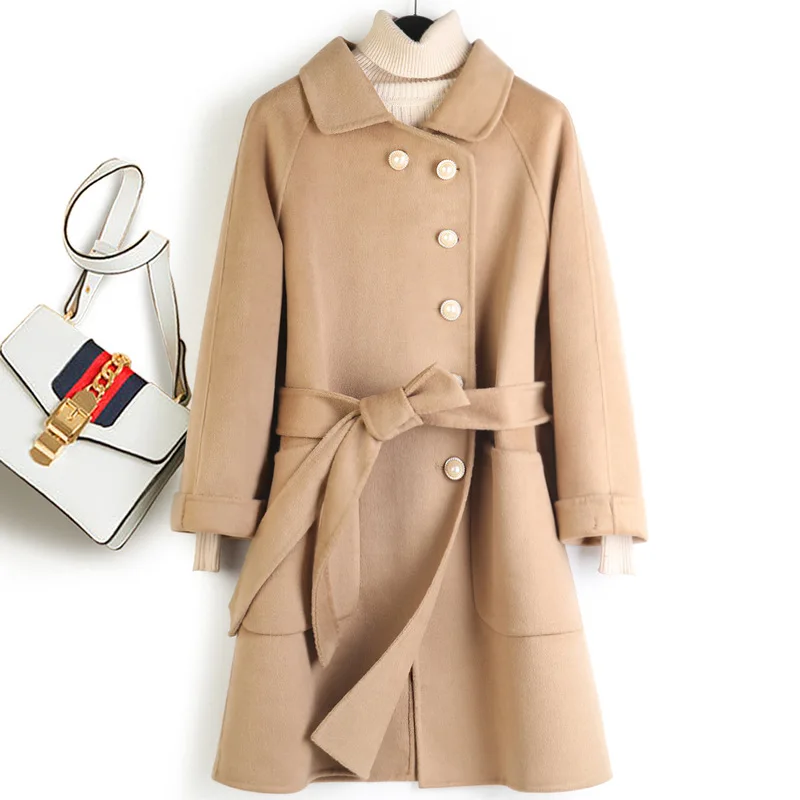 

Новая Корейская версия черного детского воротника, Однорядная жемчужная пуговица, маленькое шерстяное пальто с двойным лицом, женский пояс