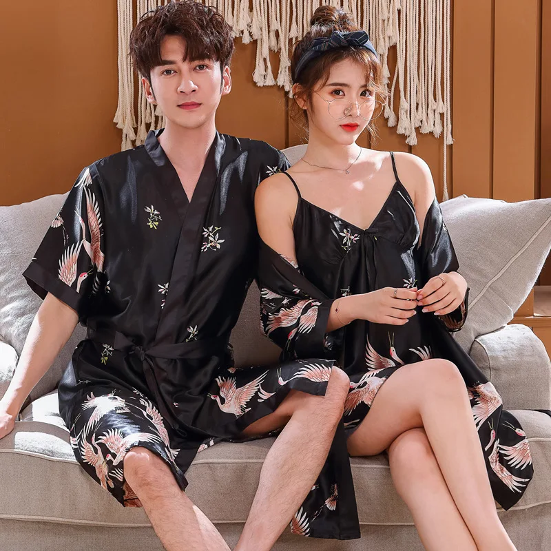 Женский Атласный халат комплект из 2 предметов с принтом кимоно пижама ночная