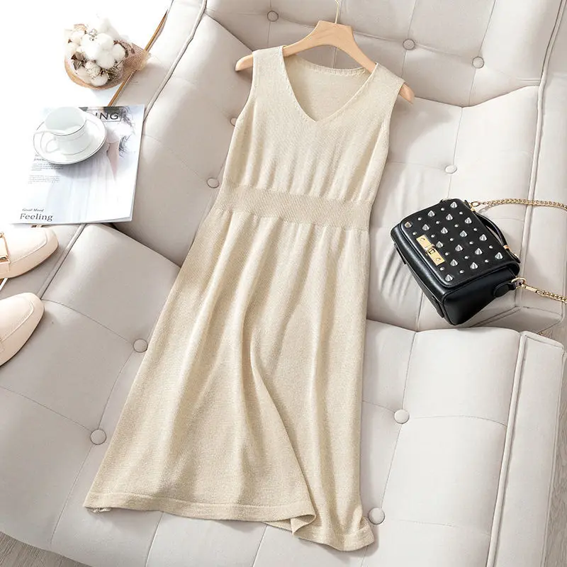 

2021 Spring Summer Vest Dress Women Sleeveless Knitted Bright Silk Dress V Neck Flat Knit Long Dresses Party Vestidos Y193