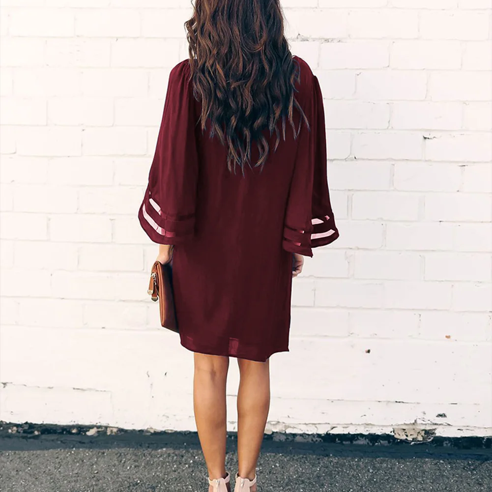 

Women Solid Color Dress V-neck Horn Cropped Sleeve Casual Loose Female Dress Party BMF88