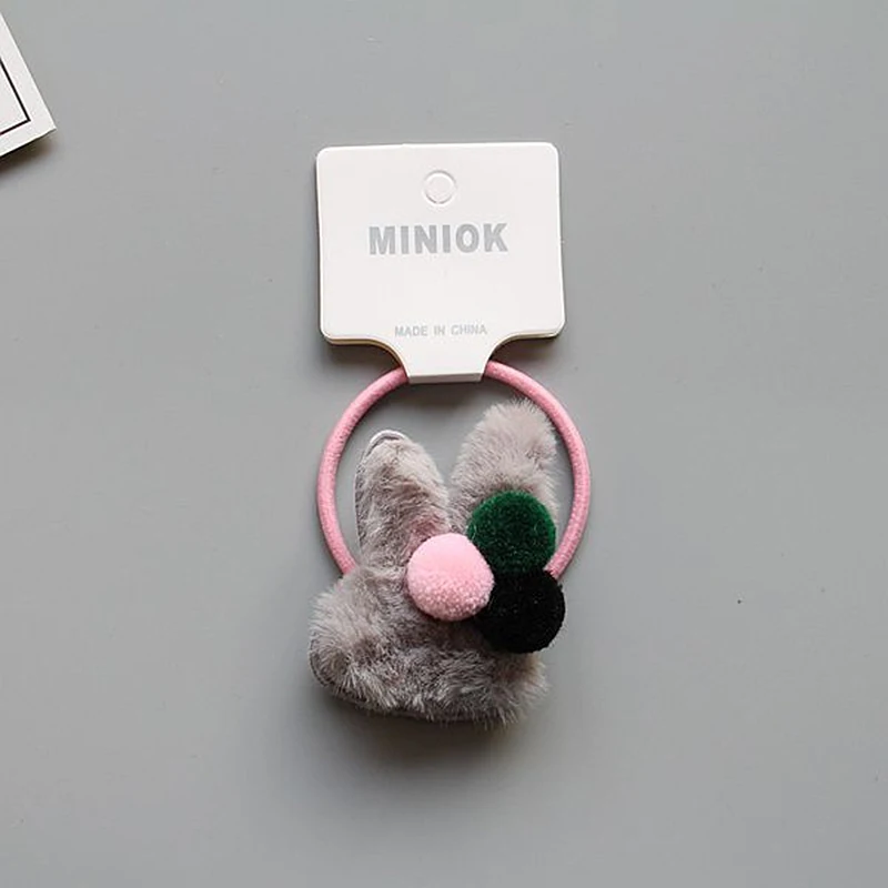 gray rabbit Зимняя мягкая плюшевая корона с кроликом и бантом, помпон для волос, детская эластичная веревка для волос, резинка для волос для маленьких девочек, детские украшения для волос - Цвет: gray rabbit