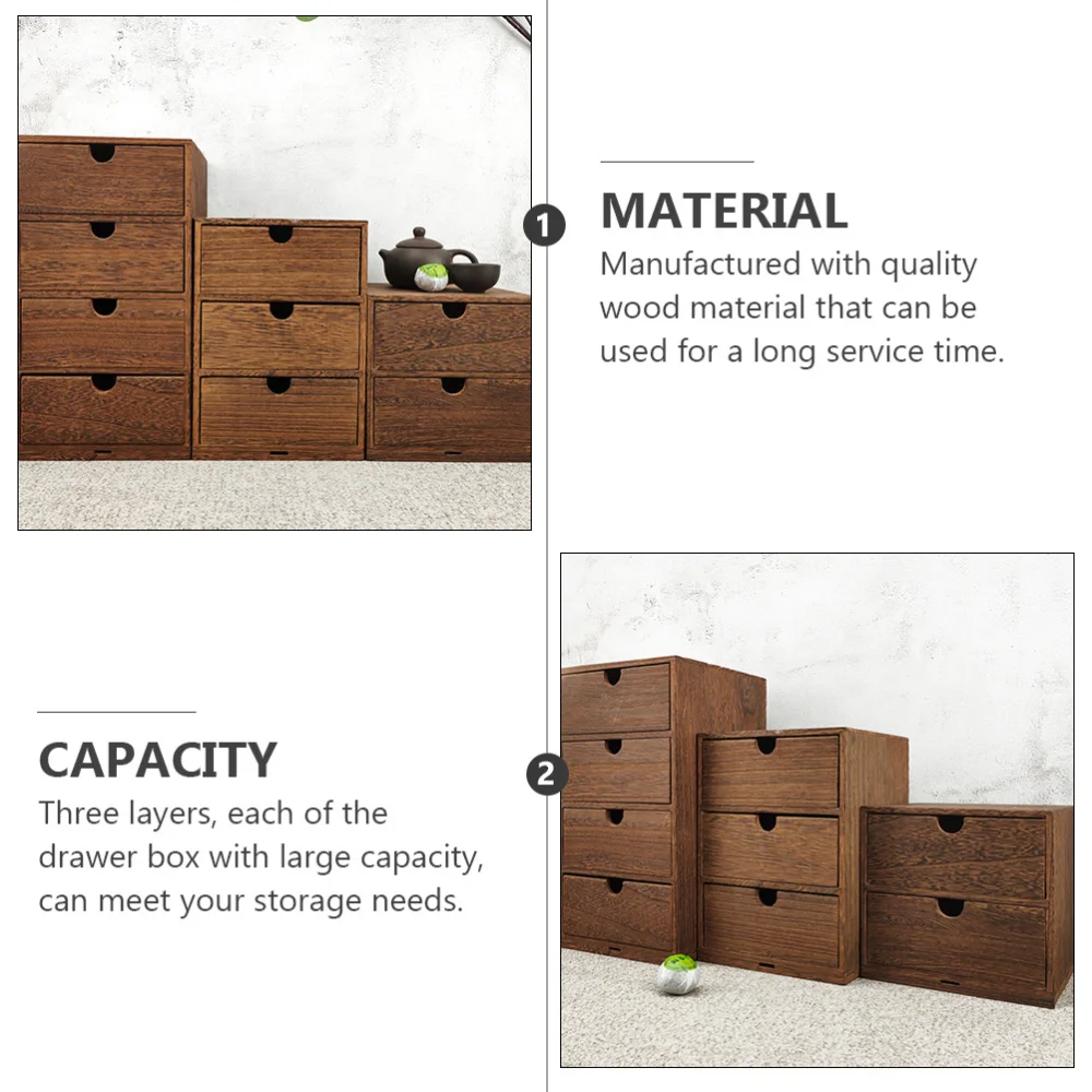 

Three Layers Wood Storage Box Desktop Pulling Type Storage Organizer (Brown)