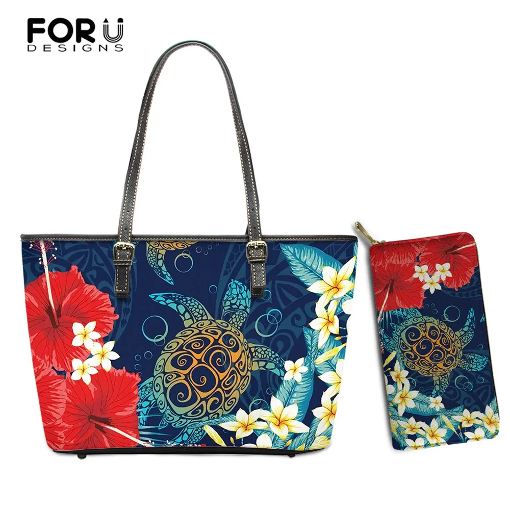 

FORUDESIGNS 2Pcs Set Pu Leather Shoulder Bag With Purse Hawaii Handbags for Women's Turtle Hibiscus Polynesia Print Bolsa Mujer