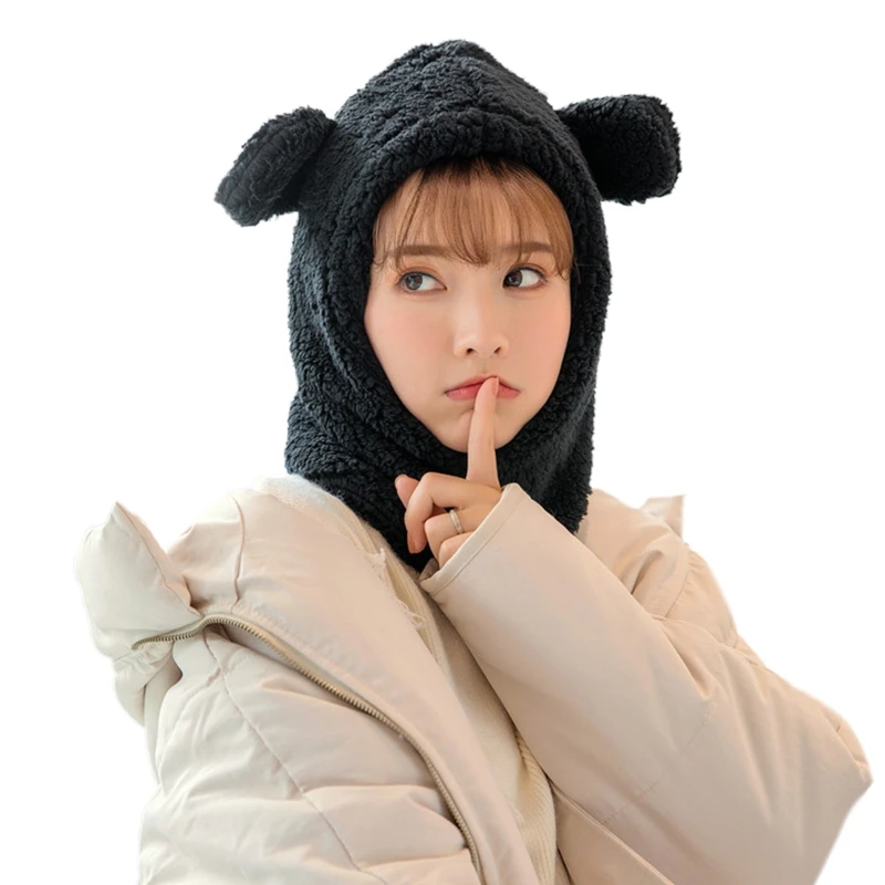 

Keep Warm and Cold and Stylish Women Winter Thicken Plush Warm Hood Scarf Cute Cartoon Bear Ears Solid Color Outdoor Thermal