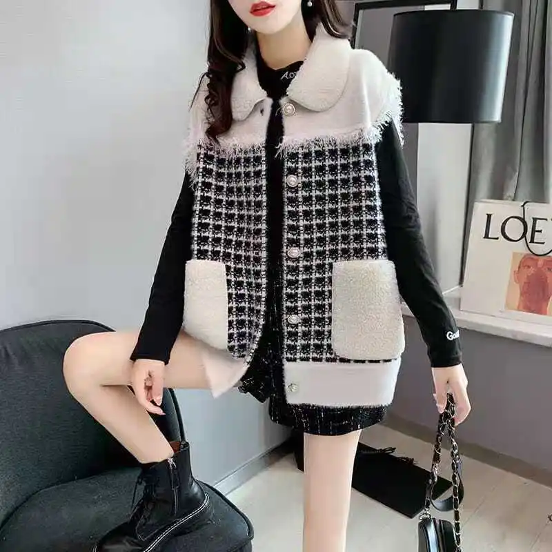 

Women 2021 Spring Autumn Fashion Vintage Plaid Tweed Vest Coat Female Turn-down Collar Sleeveless Vests Lady Chic Waistcoat H63