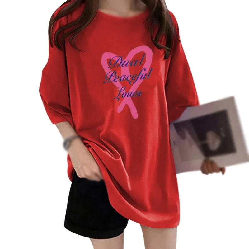 

Женская свободная футболка средней длины с короткими рукавами и круглым вырезом, футболка с короткими рукавами для студентов, Женский Топ ...