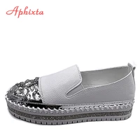 aphixta rhineston round toe leather flats shoes women white bling loafers couple platform shoes woman chunky sole size 43