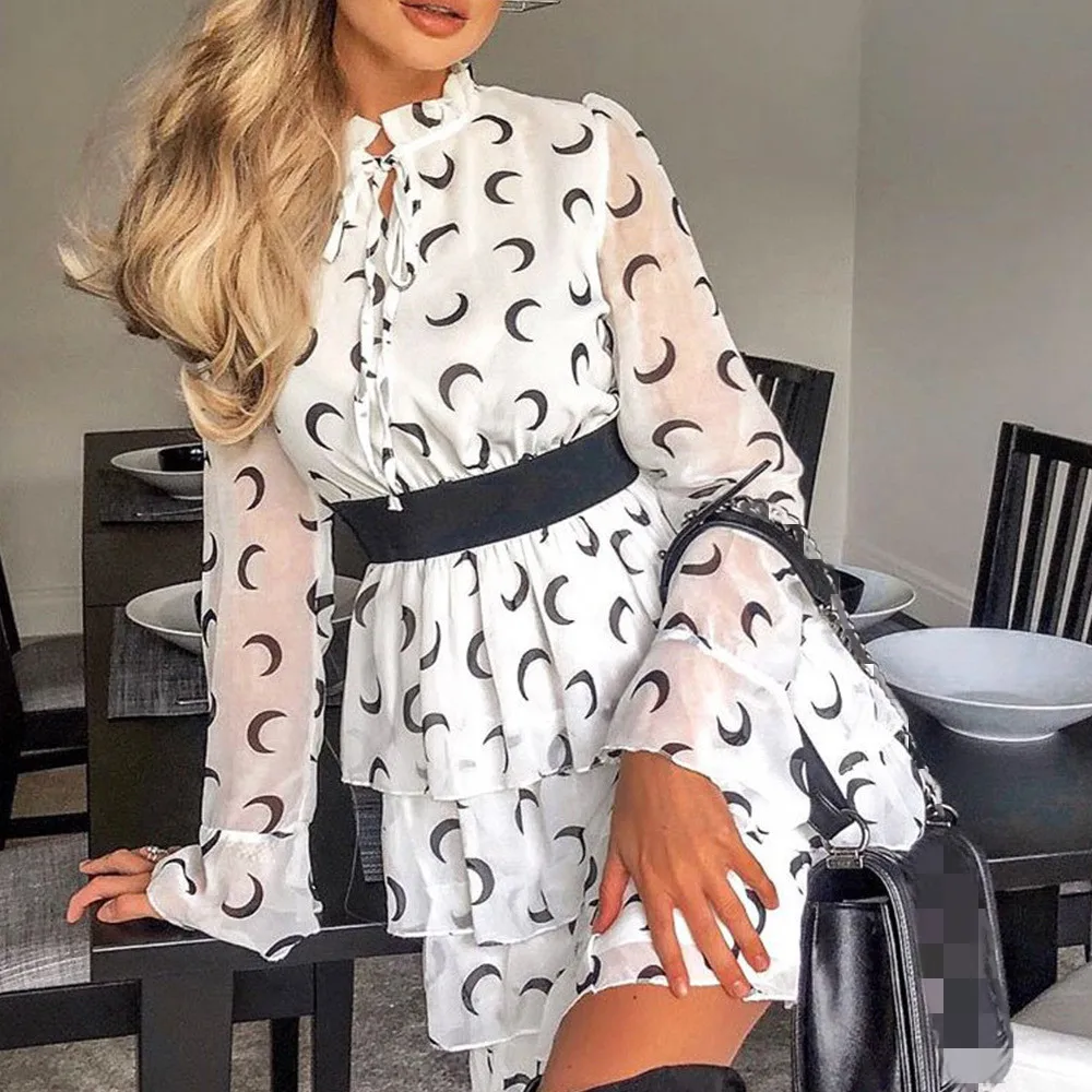 Женское шифоновое мини-платье MOARCHO черно-белое платье с v-образным вырезом и