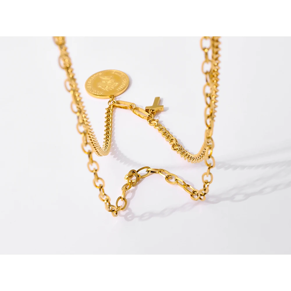 

YMYW Stainless Steel Multi Layer Necklace for Women Cross Round Accessories Pendant Drop Necklace 2021 Titanium Steel Jewelry