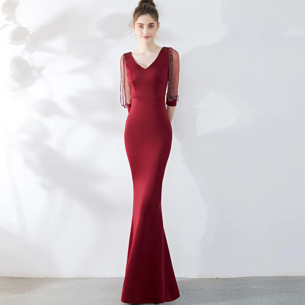 Бургундия Половина рукава Бисероплетение атласное облегающее Макси платье v шеи