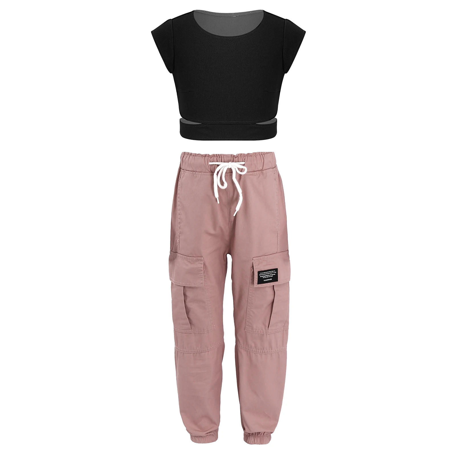 

Летняя повседневная одежда для девочек, уличная одежда, штаны-карго на шнуровке с карманами, эластичные топы с рукавами-крылышками и талией,...