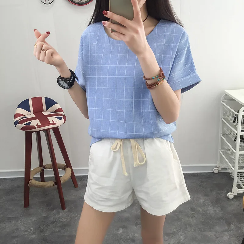 

Женские хлопковые футболки в клетку с коротким рукавом и круглым вырезом, Футболка с рукавами «летучая мышь», новинка весны 2020, женские повс...