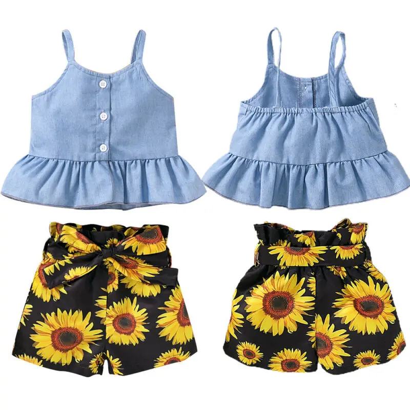

Girls Summer Sleeveless Suit Baby Cute Blue Suspender Lace Black Sunflower Print Casual Loose Shorts Fashion Two Piece Set Kids