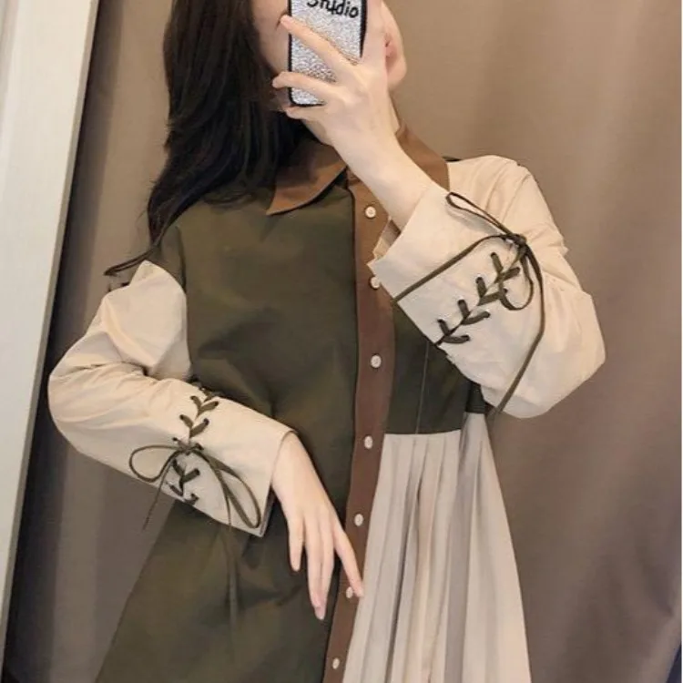 

TVVOVVIN Spring 2021 New Vintage Splicing Long Sleeve All-match Top Lapel Lace-up Spliced Pleated Mid-length Shirt MKTH