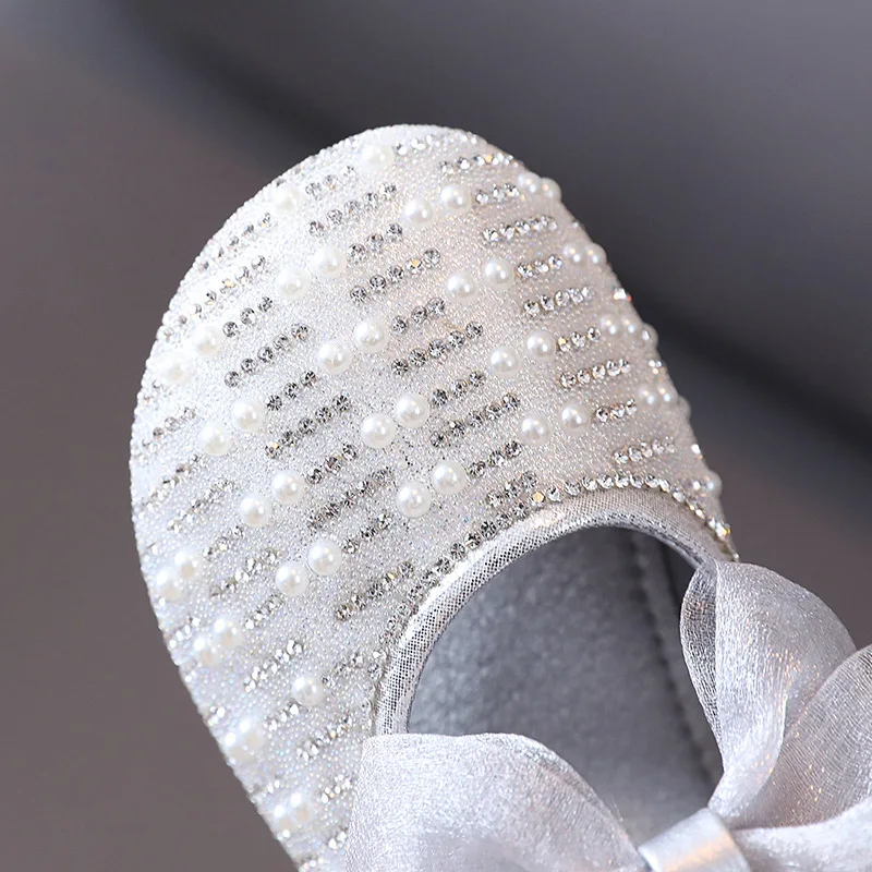 

13.5-15.5cm Bling Pearl Rhinestone Children's Flat Shoes,Silver Pink Butterfly-knot Little Girls Shoes,Dress Shoes For Toddlers