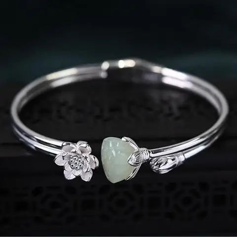

Silver Bracelet Women's Sterling Silver S925 Handmade Retro Fashion Graceful Personality Ancient Style Hetian Jade Simple Openin