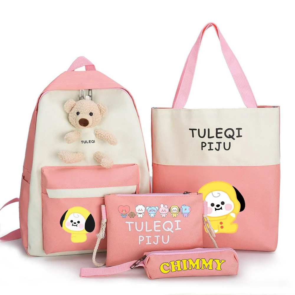 

BT21 plush backpack with bear doll 4PCS/SET school bag Bangtan boys bag cartoon color fashion printed backpack kids backpack