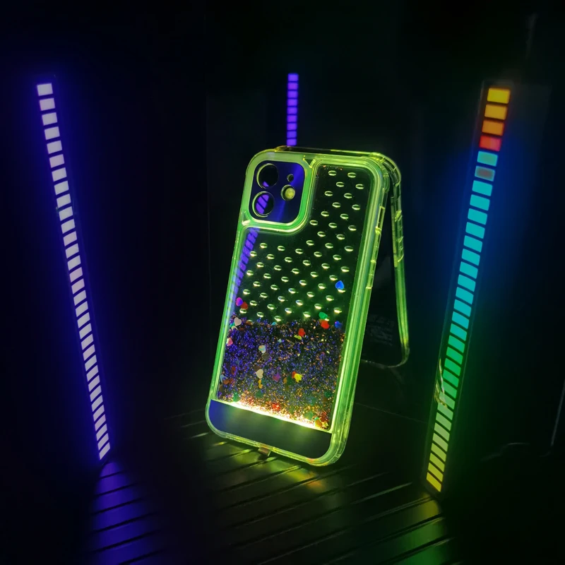 

2022 New Control Sound Light Glitter Phone Case for Iphone 11 12 Mini X XR XS MAX Dynamic Liquid Love Heart Quicksand Cover