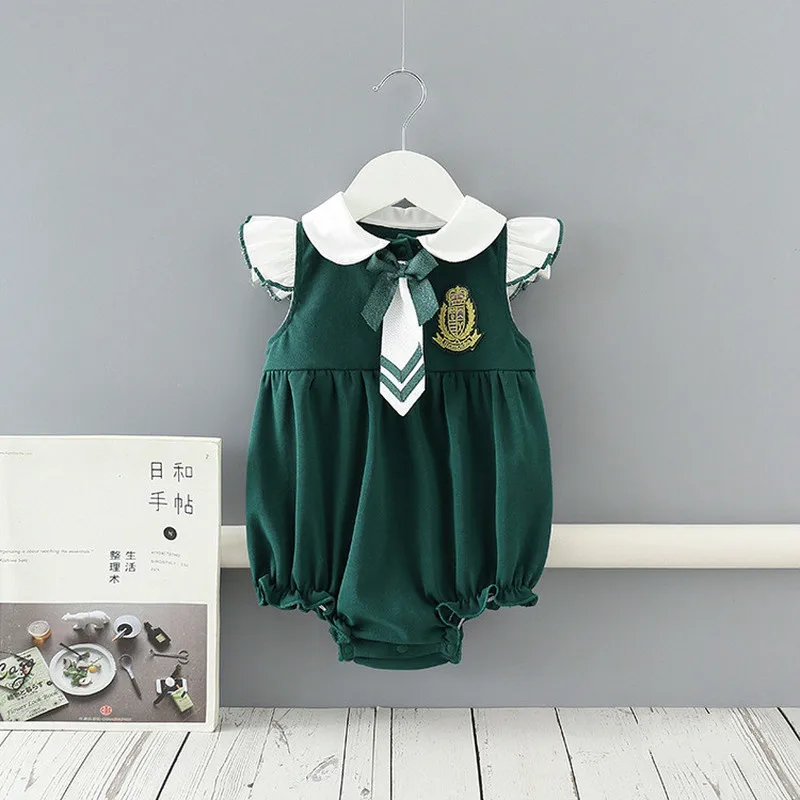 

Summer School Style Sleeveless Green Cute Flying Sleeve Toddler GIrl Babysuit Kawaii Baby Boys Clothes