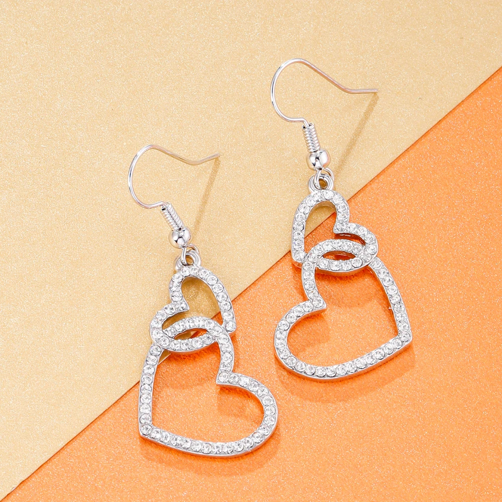 

Women's Piercing Dangle Earrings Rhinestone Double Heart Drop Earings Female Party Gift Accessories Korean Jewelry 2021