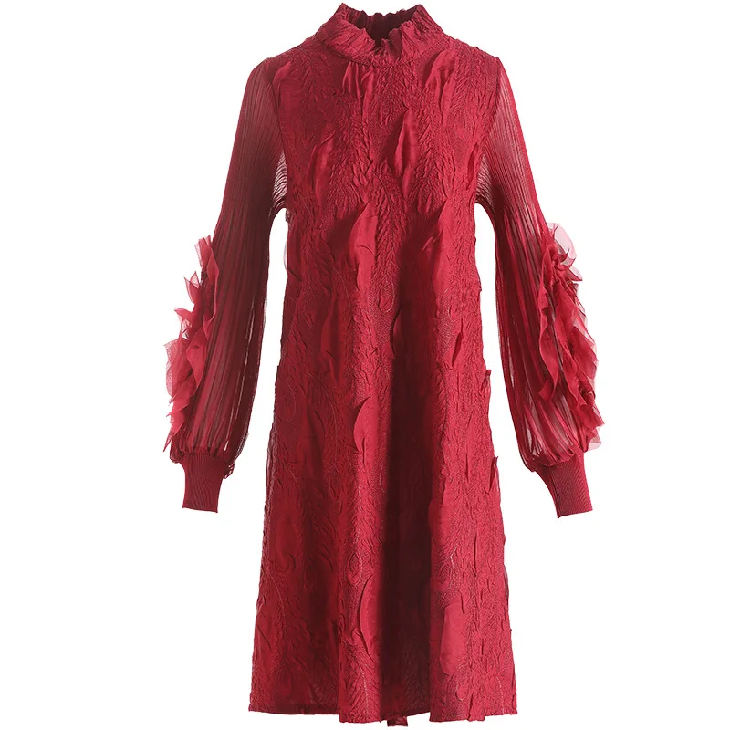 

High End Pleated French Red Dress Long Sleeve Autumn Winter 2020 New Women's Dresses