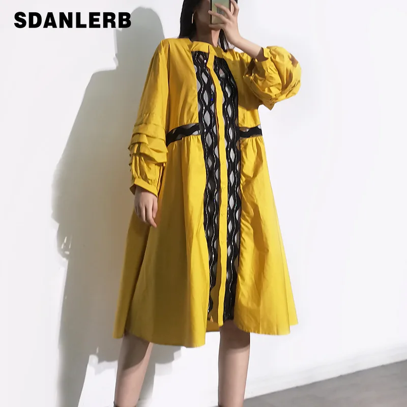 

Fall 2021 National Style Retro New Dress Women's Round Neck Lantern Sleeve Solid Color Loose Temperament Fashion Midi Dress