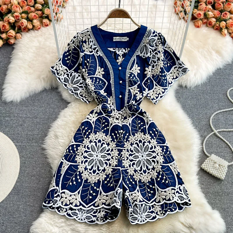 

Indie Folk Summer Women Blue Embroidered Romper Female V-Neck Short Sleeve High Waist Wide Leg Vacation Beach Jumpsuits Fashion