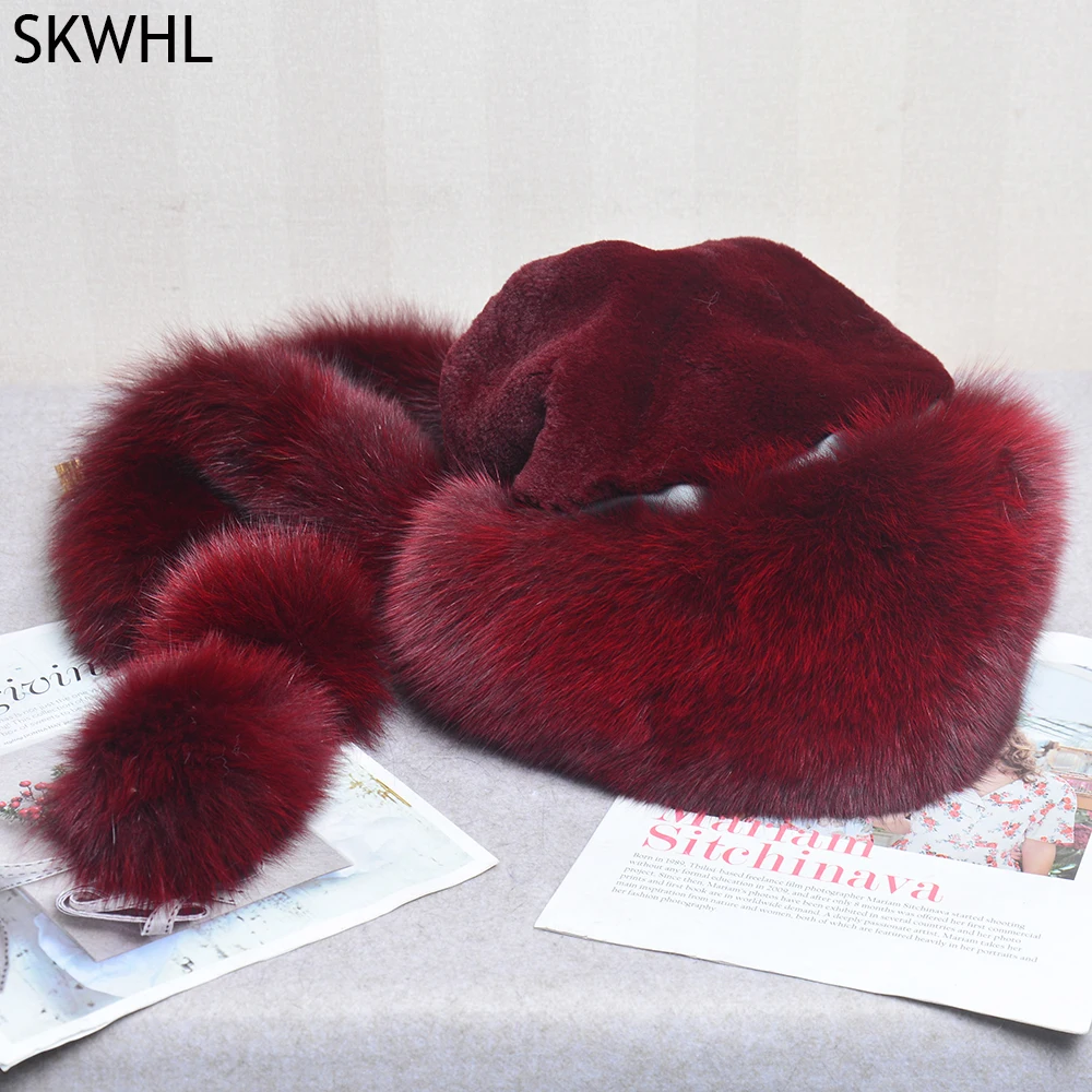 Women’s Winter Hat With Fox Fur Surround Can Be Used As a Scarf Women Russian Aviator Trapper fox Fur Rex Rabbit Fur Bomber Hat