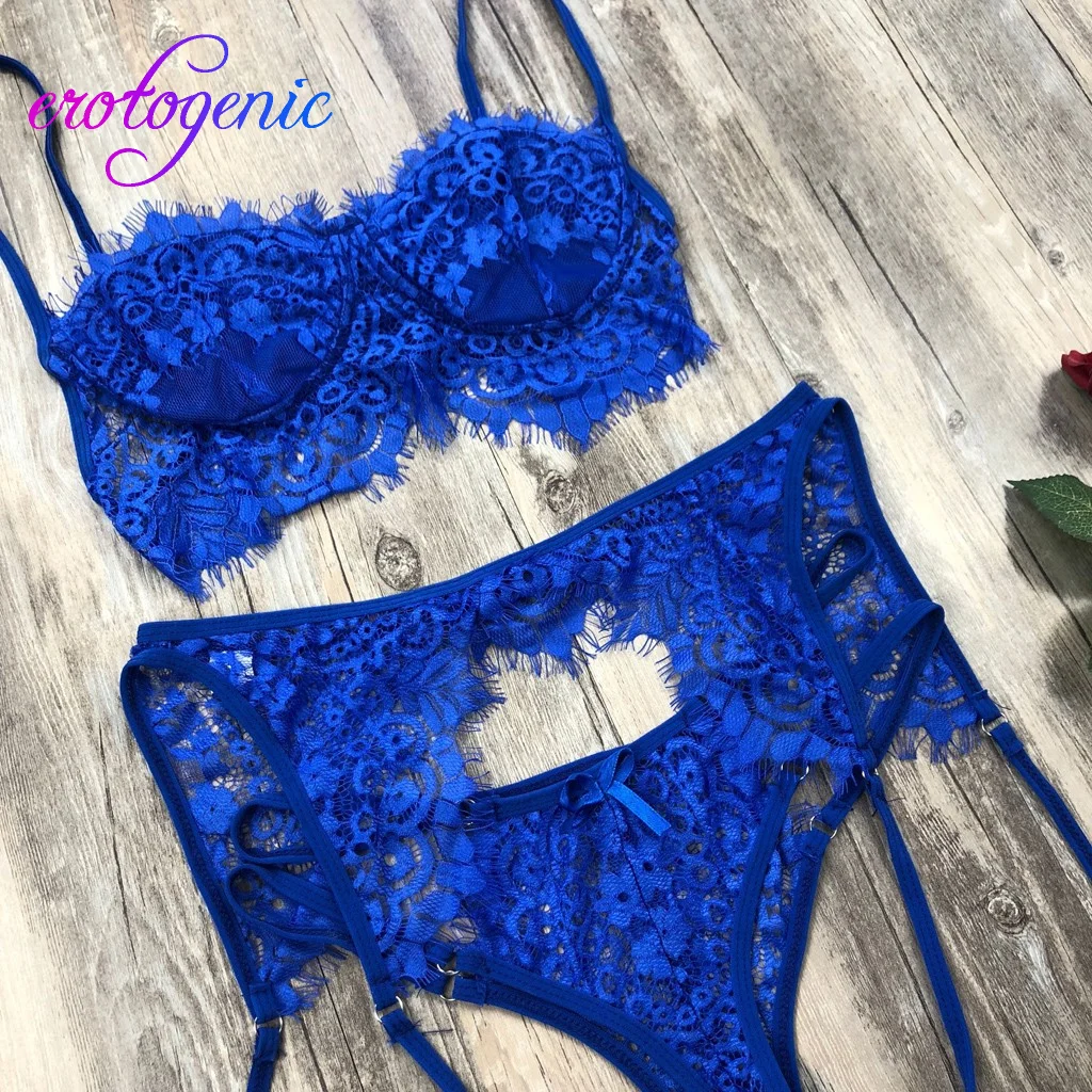 Micro Bikini Sex Shop Lenceria 3PC Women Lace Sexy Lingerie Straps Bra and Panty Garter Set Underwear Babydoll Mujer | Тематическая