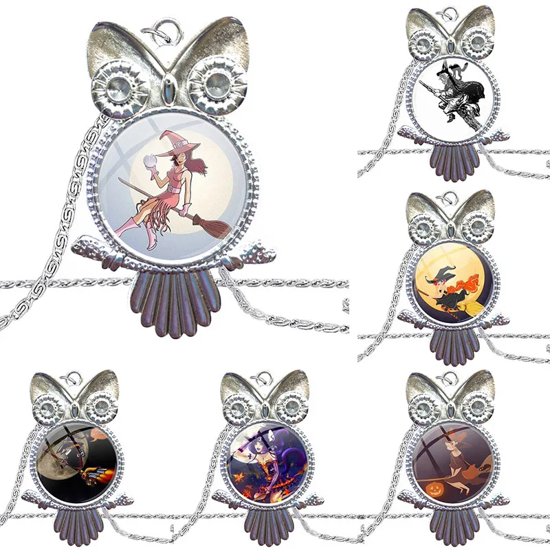 Красивый мультяшный дизайн ведьмы стеклянный кабошон с кулоном в форме совы