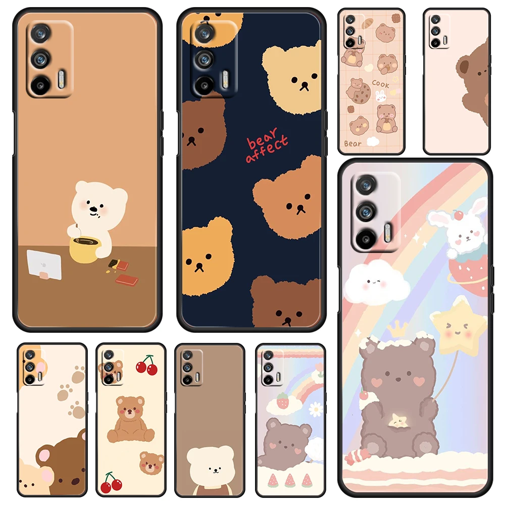 Мягкий черный чехол для телефона с мультяшным коричневым медведем OPPO Realme GT Explorer