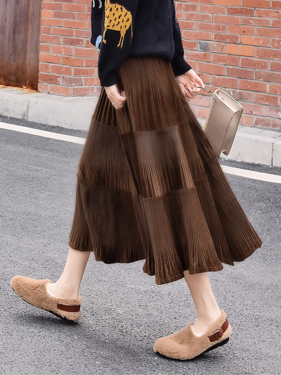 

Winter 2020 new velvet pleated skirt medium length Corduroy Skirt autumn winter women winter sweater