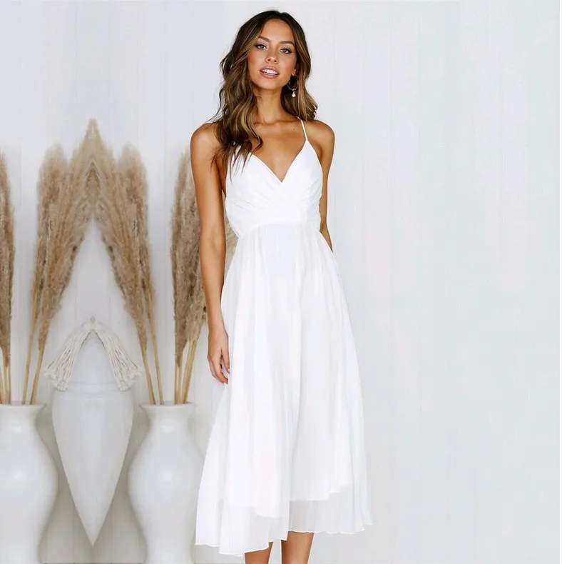 

2019 summer dress Cotton Casual Straight Solid Sleeveless Ankle-Length Natural Tank V-Neck Summer