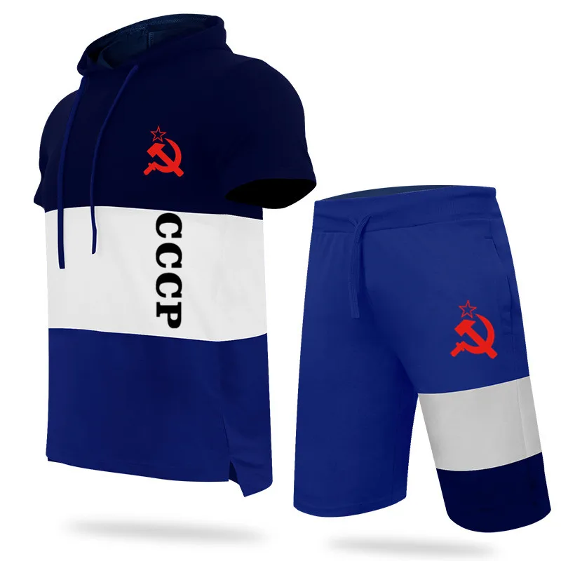 2021 summer new color men's hooded casual sports suit jacket suit Russian Soviet Union CCCP printed hip hop men's running suit