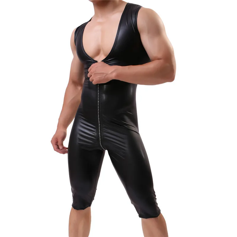 PU Leather Men Undershirts Catsuits Zipper Jumpsuits Bodysuits Wrestling Singlet Leotard Black Wet Look Stage Dance Clubwear