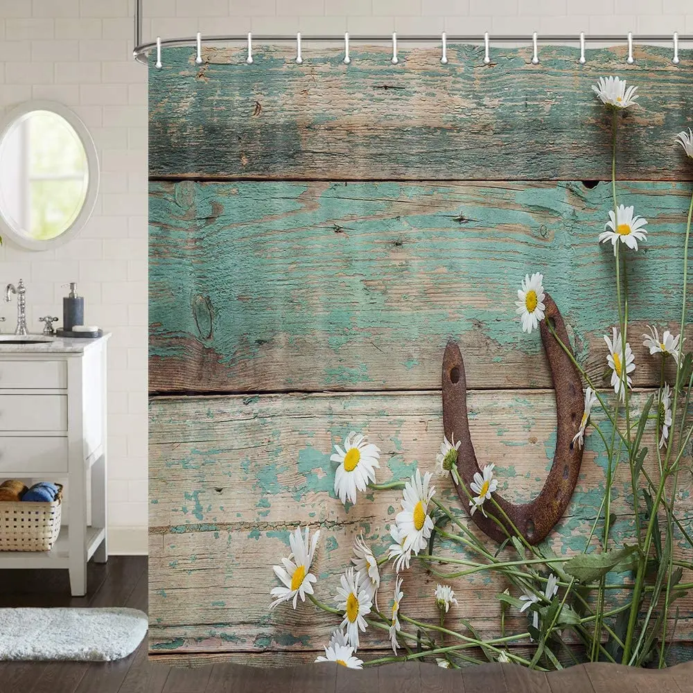 

Rusty Horseshoe and Daisies on Rustic Old Barn Wood Farmhouse Bathroom Set Shower Curtain