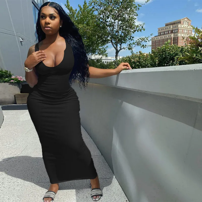 

Ribbed Knitted Stripe Women Sleeveless Midi Dress Deep V Neck Bodycon Sexy Streetwear Party Club Elegant 2021 Spring Summer
