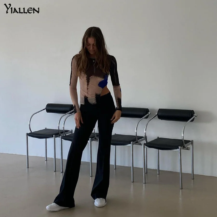 Женский сетчатый укороченный топ Yiallen с круглым вырезом и длинным рукавом