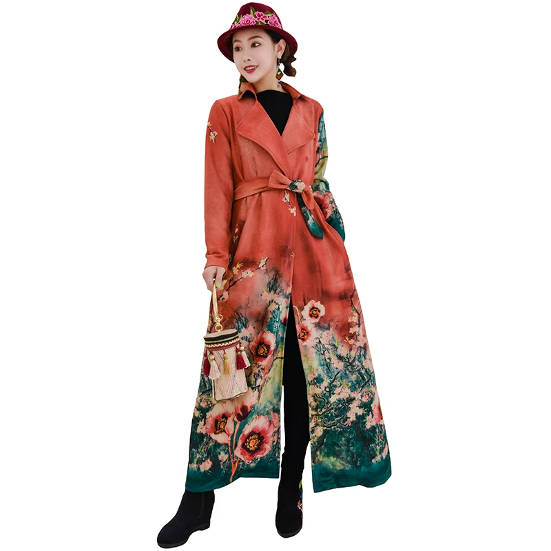 

Fashion Chinese Style Women's 2019 Autumn and Winter New Deerskin Long Windbreaker Jacket Waist Printed Coat Women