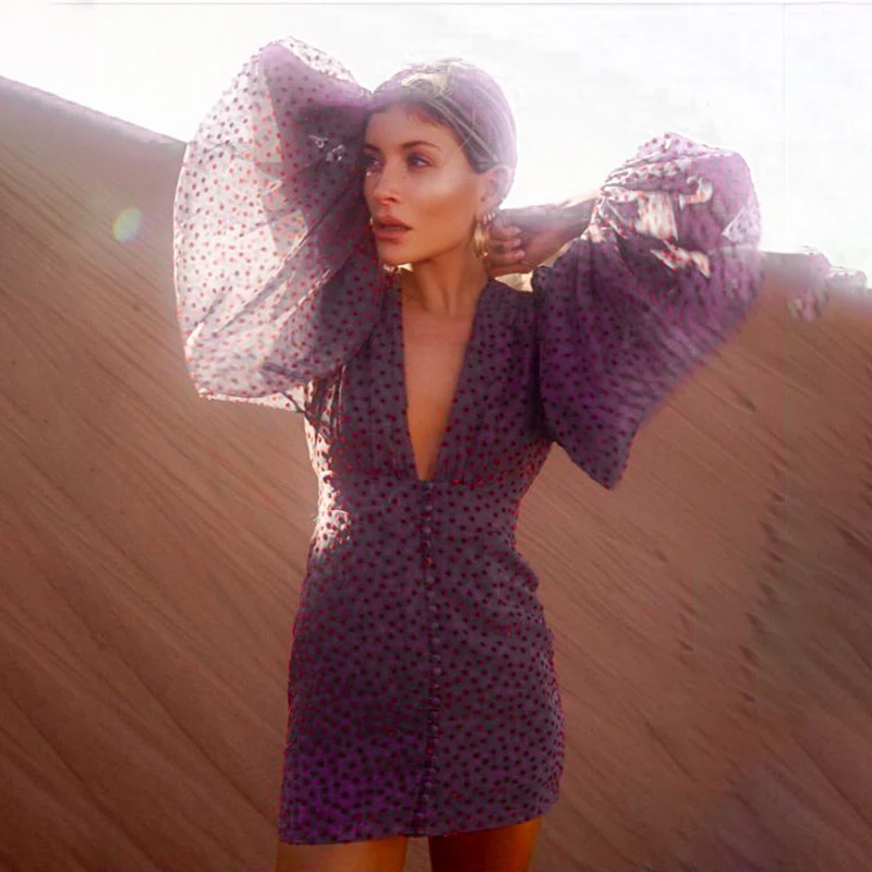 Женское платье с длинным рукавом Fargeous фиолетовое мини-платье в горошек из шифона