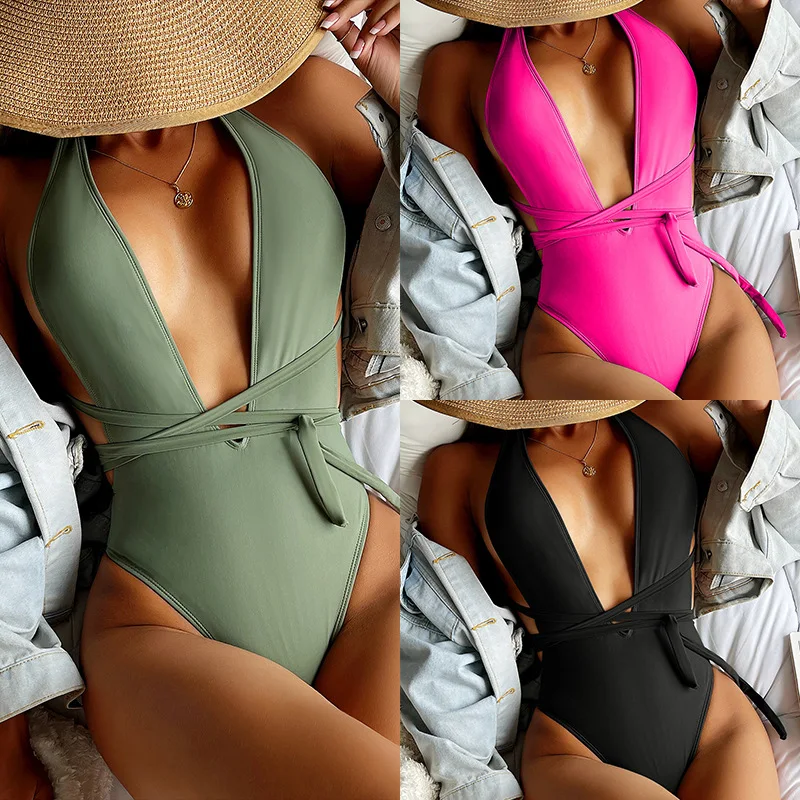 2021 Ladies Swimsuit New Solid color V-neck Bandage Lace One-piece Halter Sexy Bikini Swimsuit