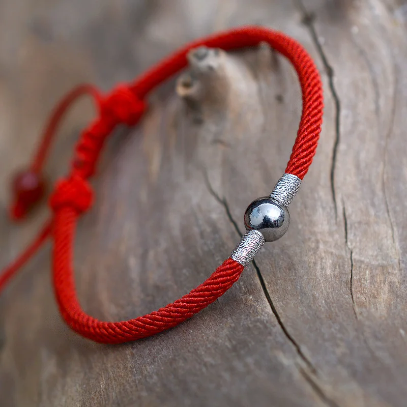 Настоящее чистое серебро 999 пробы круглые бусины Lucky Red Rope ручной работы браслет