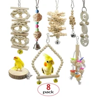 8pcs bird parrot toy with bell natural wooden grass chewing bite hanging cage swing climb chew toys for pet bird parrot toy