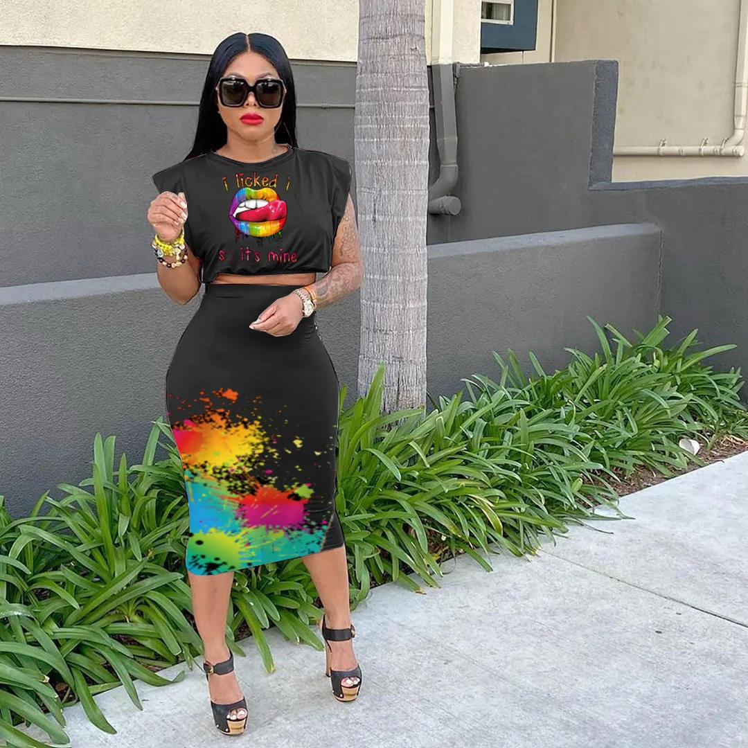 

Skirt Suit 2-Piece Set Ladies Summer Positive Letter Mouth Pattern T-Shirt + Printed Skirt Sexy Casual Party Club Street 2021